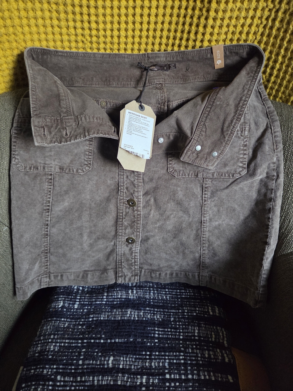 prAna Merrigan Corduroy Button-Front Skirt Size 6 Mud NWT Organic Cotton